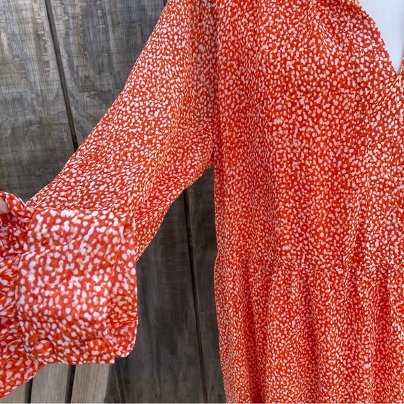 New Sam and Jess Ditzy Floral Orange Dress Sheer Long Button Sleeve Lined Dress - Picture 7 of 10